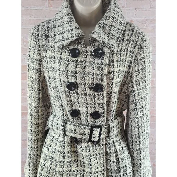 Via Spiga Wool Blend Mid Length Lined Belt Black/Cream Coat Jacket Women's Large - Picture 3 of 16